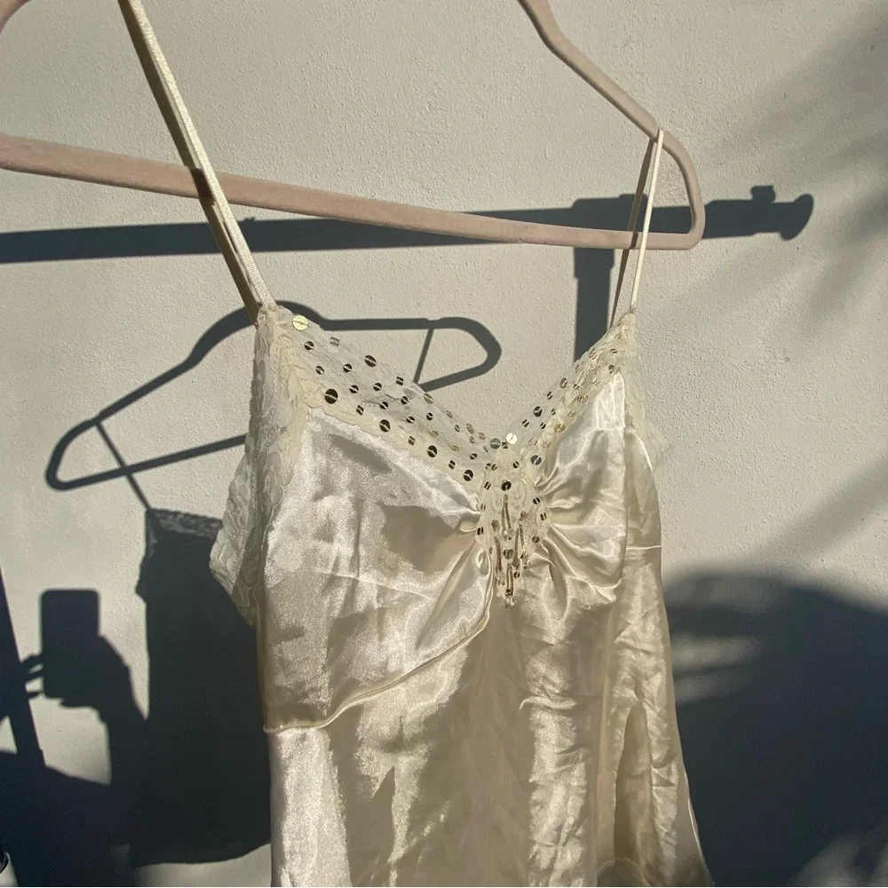 Y2K Fairy Ivory Satin Gold Sequin Beaded Cami Tank Top Size Medium - Picture 5 of 9